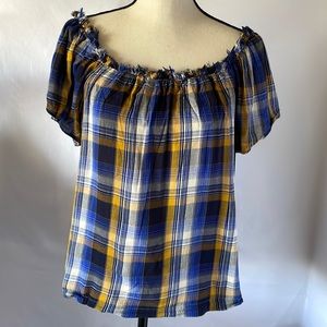 Vince camuto plaid blouse blue yellow white off the shoulder size medium